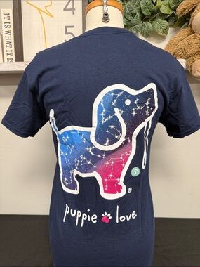 Puppie Love Women's Navy Short Sleeve Tee - Galaxy Dog Graphic